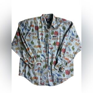 Vintage 2003 Dockers Chambray Farm Country Scene Shirt With Shoulder Pads Medium